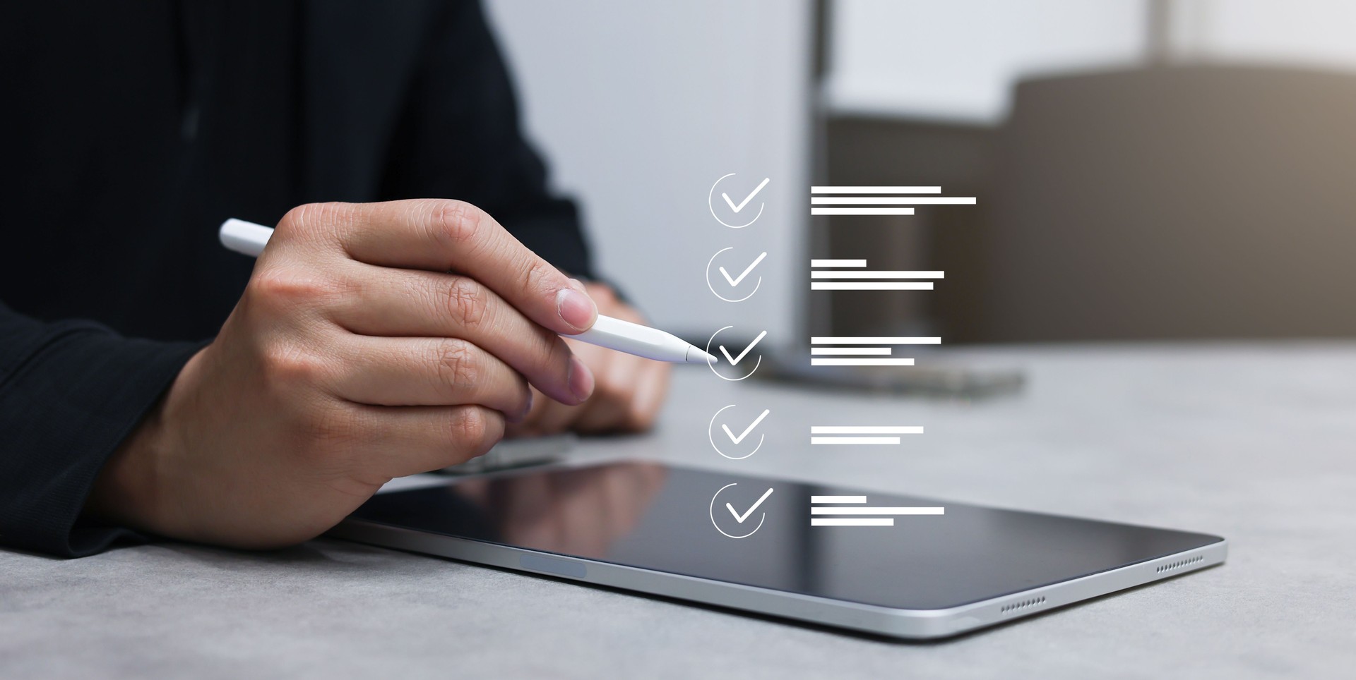 manager manager hand check mark on virtual online questionnaire survey from website to rate score and share aspect of audience after complete from seminar for business corporation concept